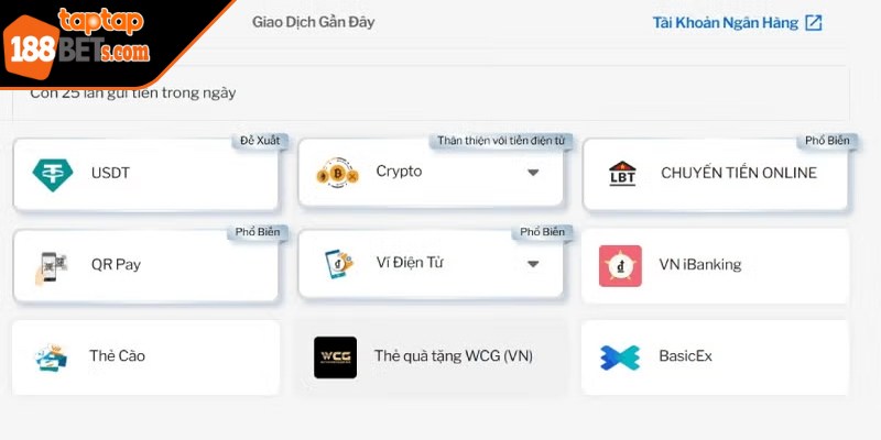 Hệ thống thanh toán 188BET TAPTAP đa dạng, đảm bảo an toàn.